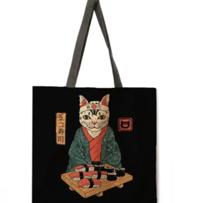 Tote Bag Canvas Print - Sevimli Kedi Tote Çanta Japon Suşi