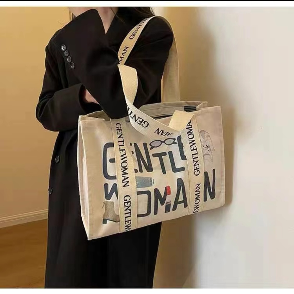Tote Bag Canvas Print - Moda Mektup Baskılı Büyük Kanvas Tote