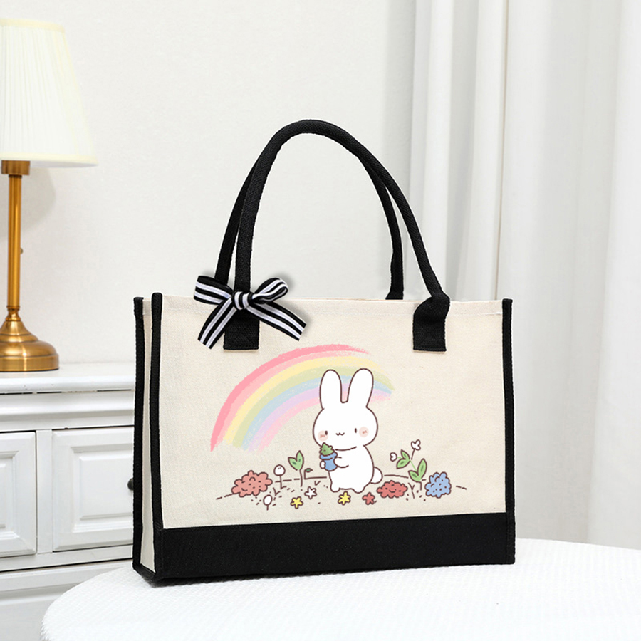 Tote Bag Canvas Print - Karikatür baskılı açık beyaz kanvas çanta