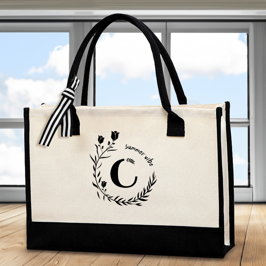 Tote Bag Canvas Print - Deri harf baskılı tote çanta, büyük