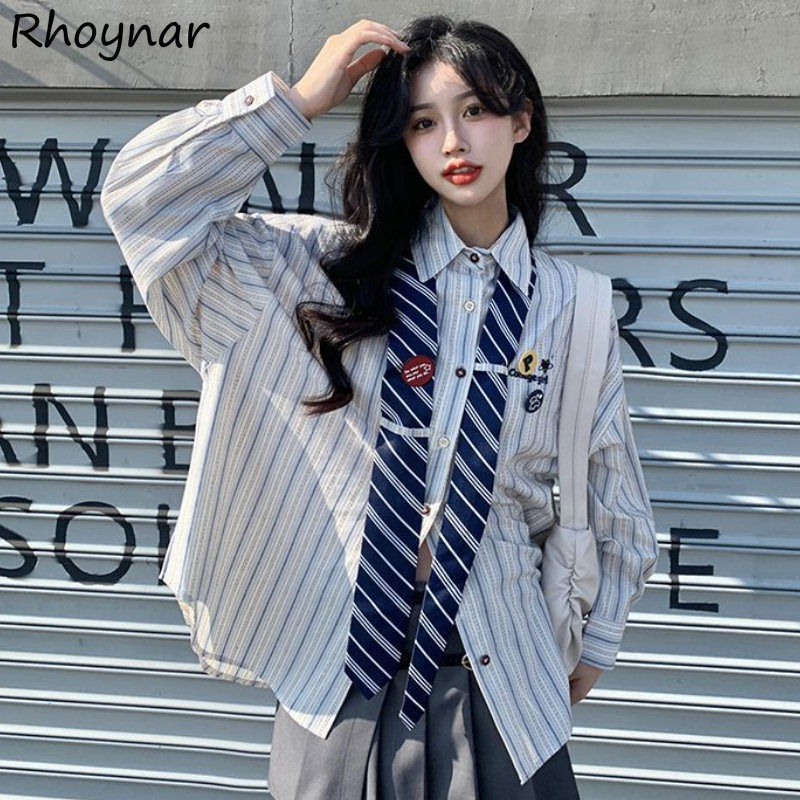 Street Fashion Baggy - Çizgili gömlek kadınlar Baggy Preppy tatlı
